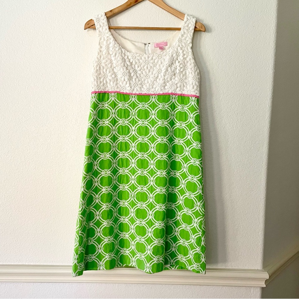 Vintage Lilly Pulitzer Sheath Dress Crochet Top Green Geometric Sundress Preppy - Picture 4 of 13